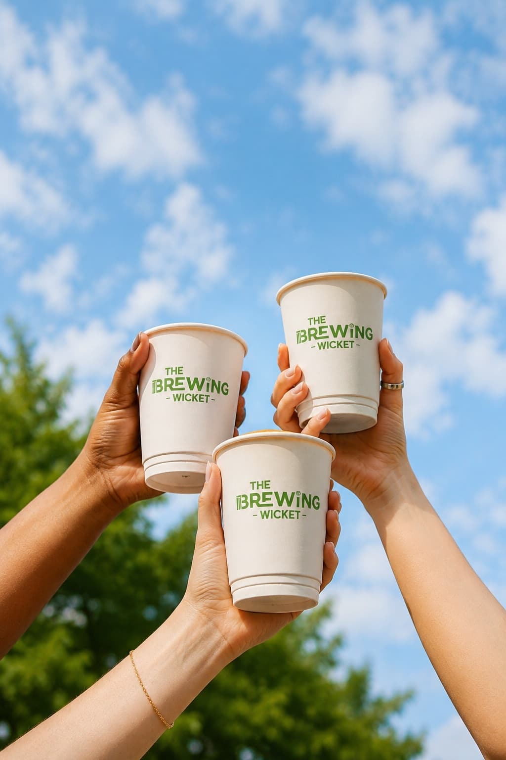 Three branded cups raised against an open sky