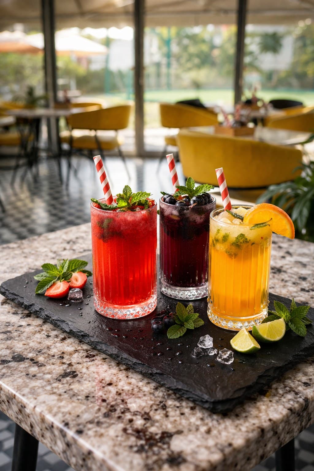 Three mocktails lined up on a slate board