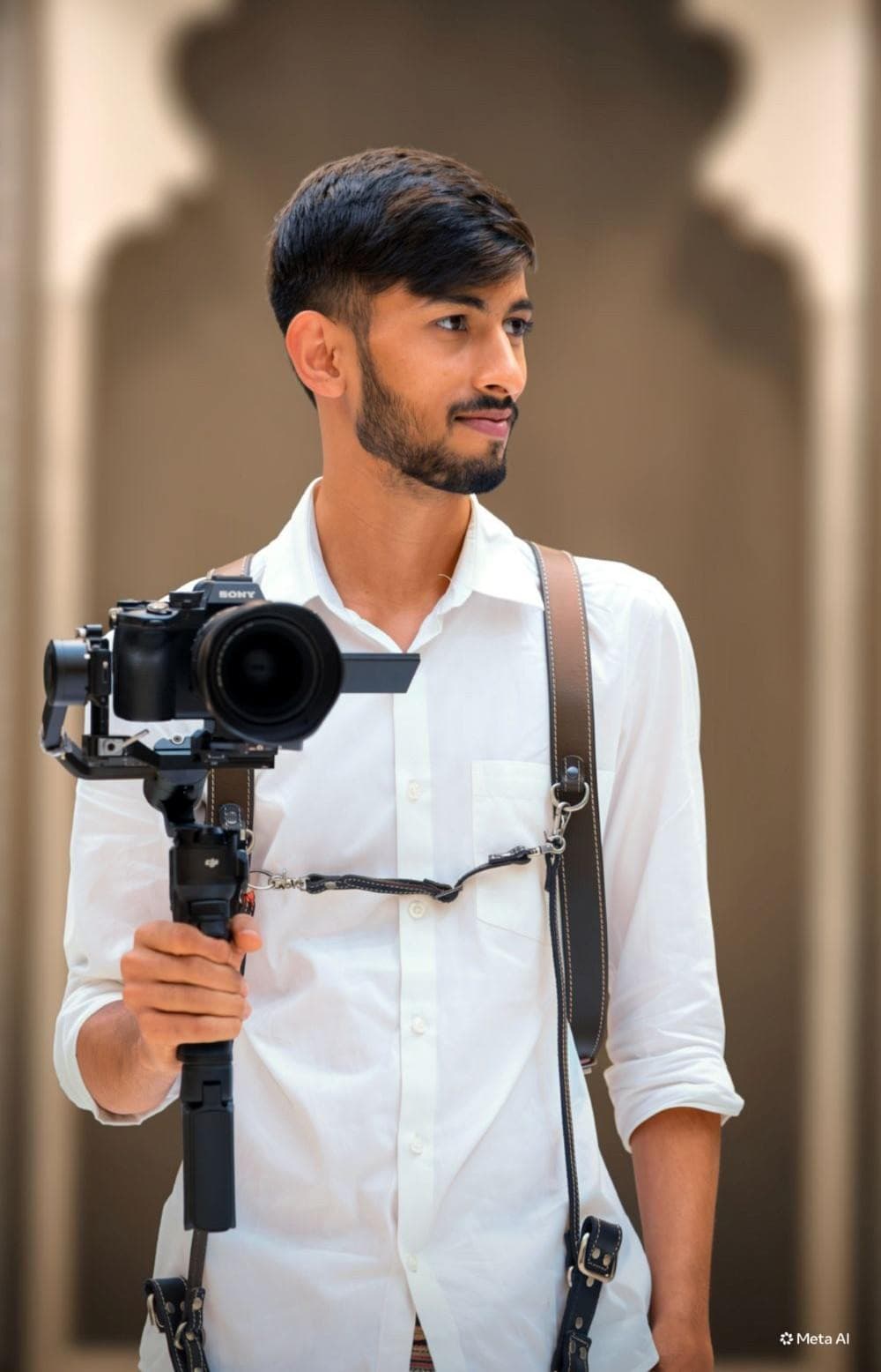Nikhil Prajapat holding a gimbal-mounted camera under a palace arch
