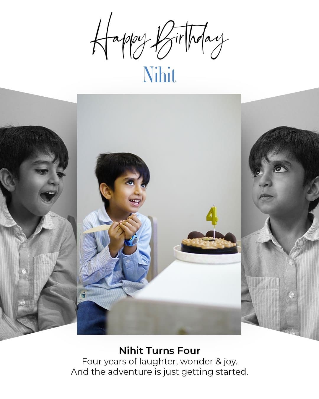 Album page — the boy with his number-four cake, laid out across three frames
