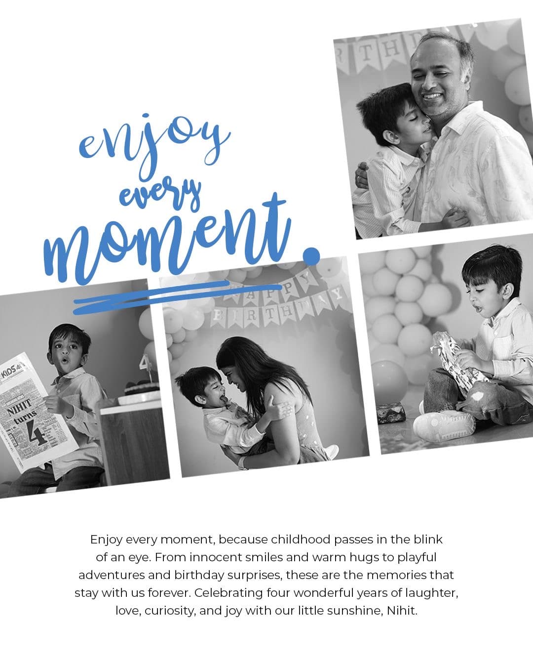 Album spread — “enjoy every moment”, six frames of the party in black and white