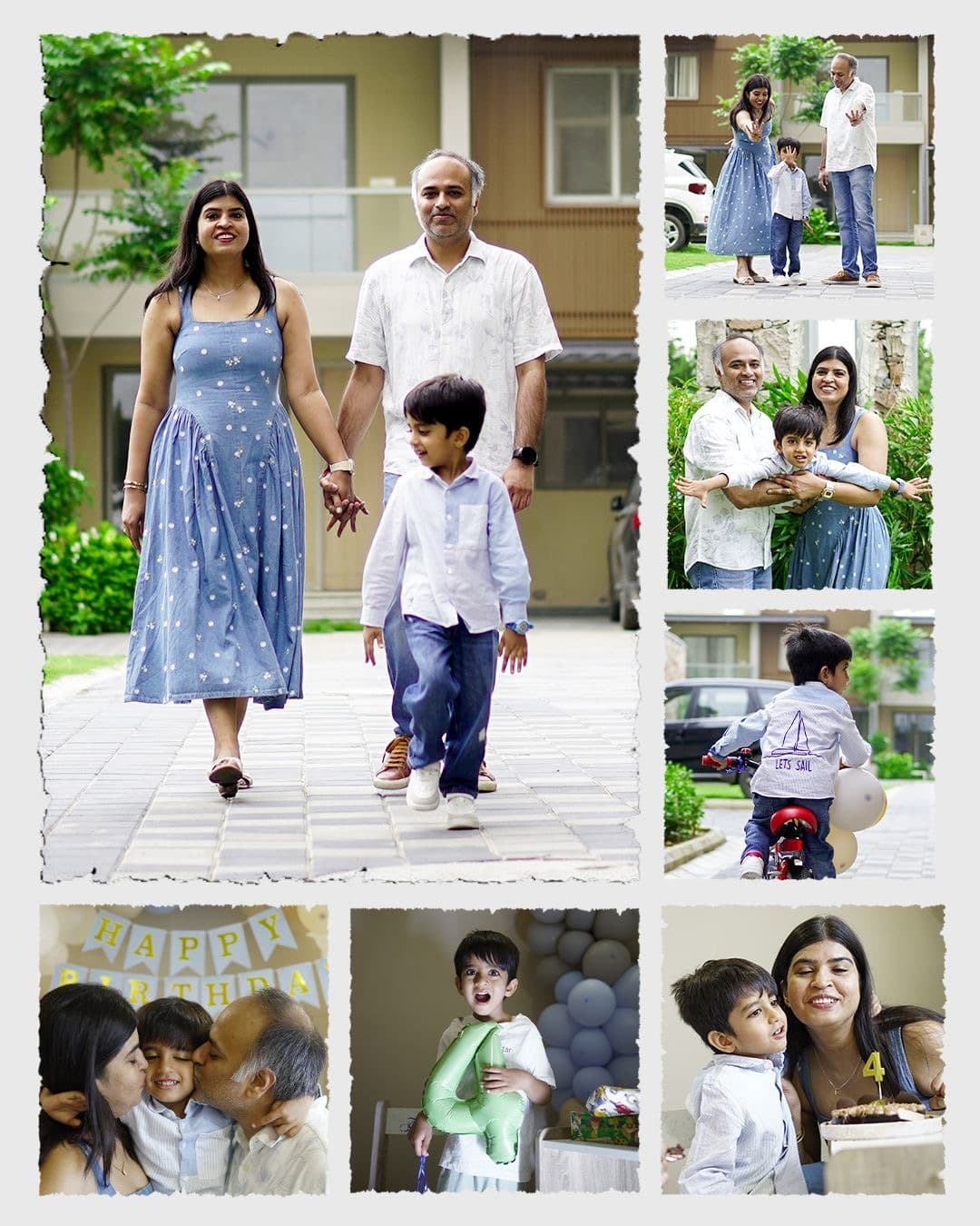 Album spread — the family through the day, nine frames on one page