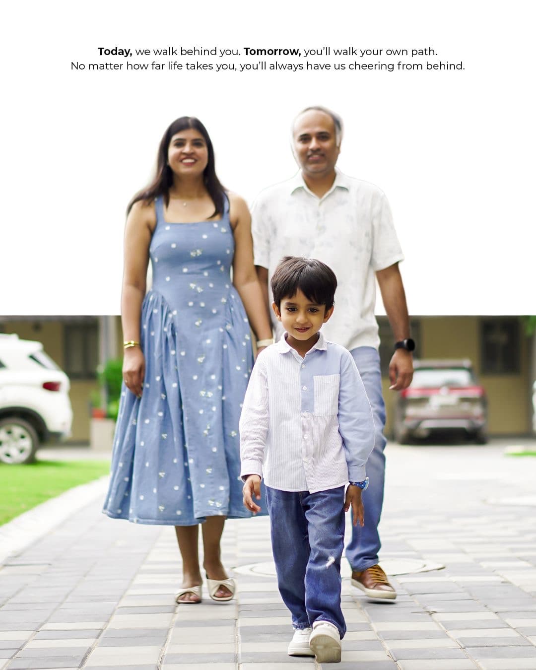 Album page — the family walking together, the milestone line set beneath