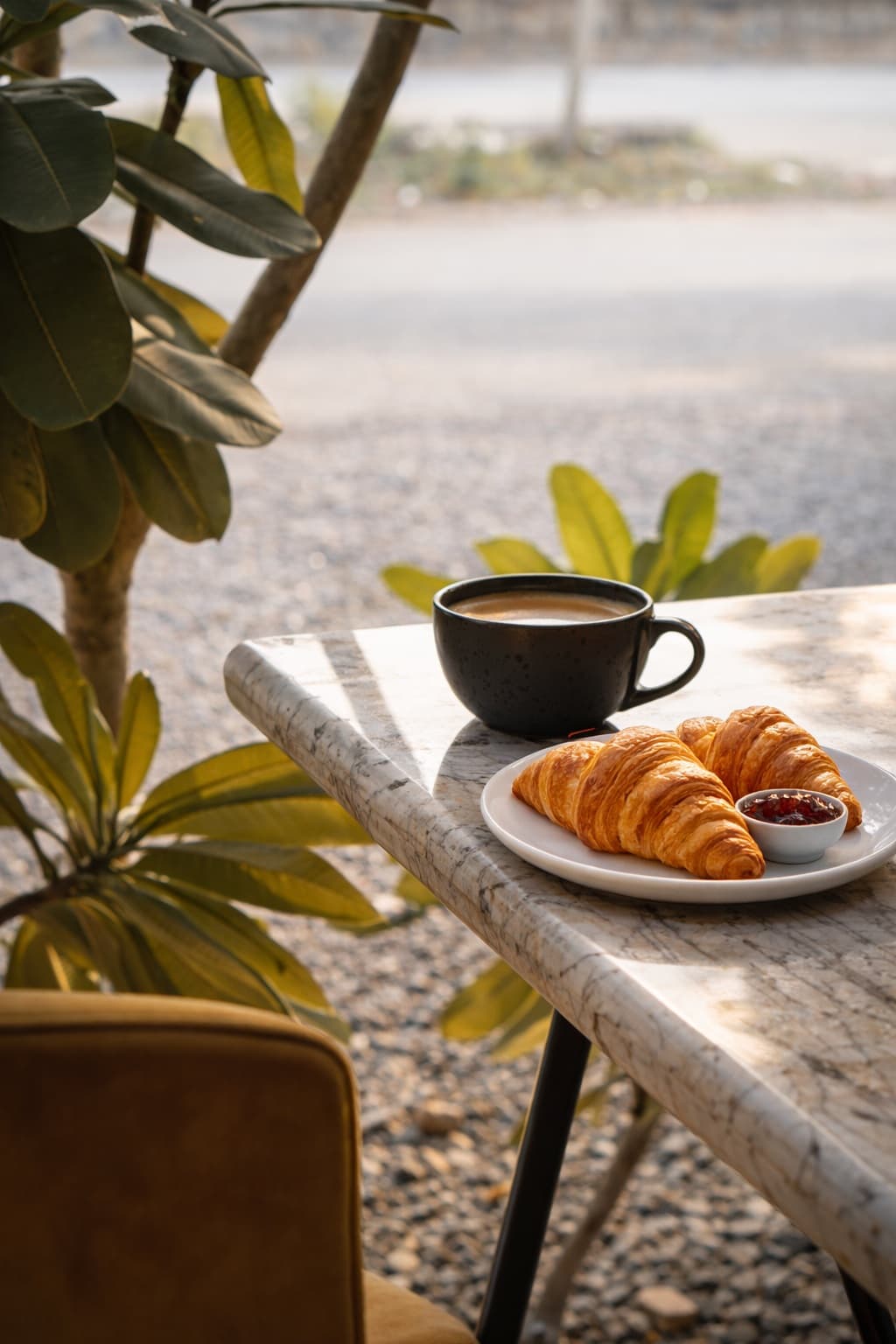 Coffee and a croissant on the marble table, plants behind